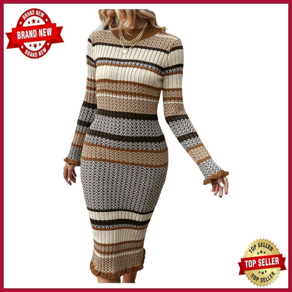 Striped Knit Midi Sweater Dress Long Sleeve Ribbed Bodycon Fall